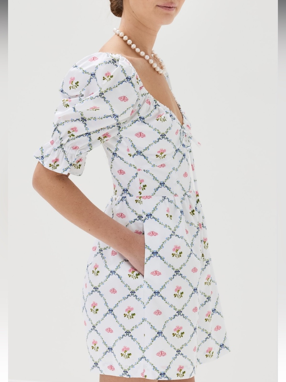 Hill House White Mini Dress with Pink & Blue Floral Lattice - Picture 3 of 15